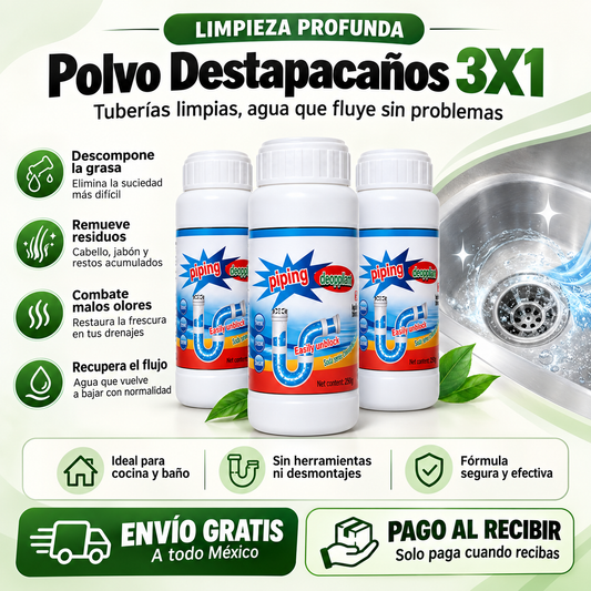 Destapacaños en Polvo 3X1: Elimina Atascos y Limpia tus Tuberías Fácilmente